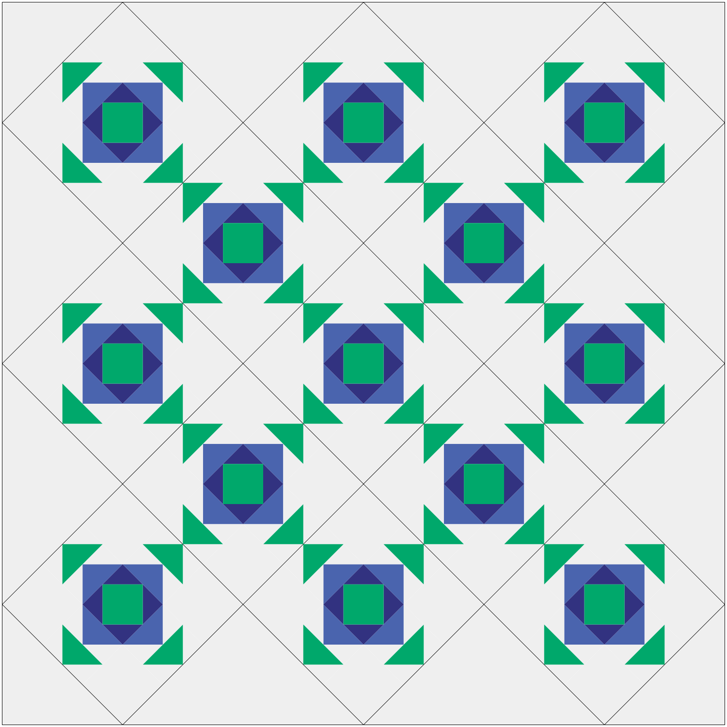 green and blue supernova quilt block on point